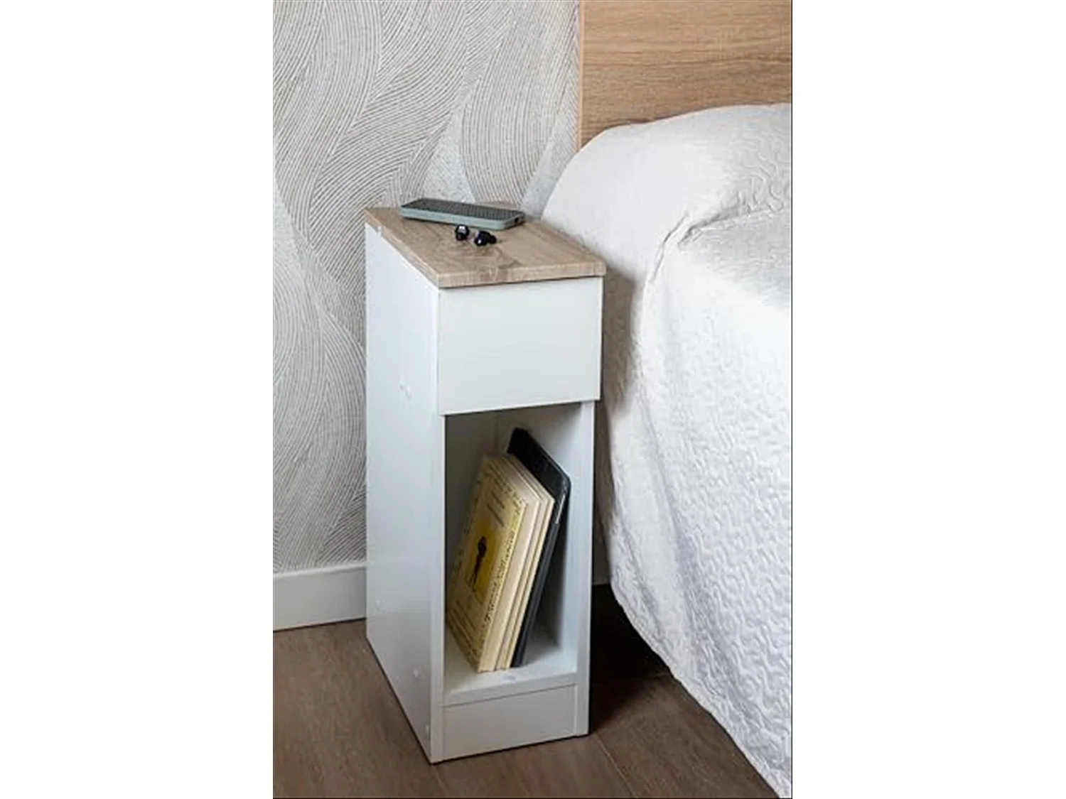 DUPI Mesita de Noche Estrecha Slim para Espacios reducidos. Optimiza el Almacenamiento y Ofrece funcionalidad. (Blanco)