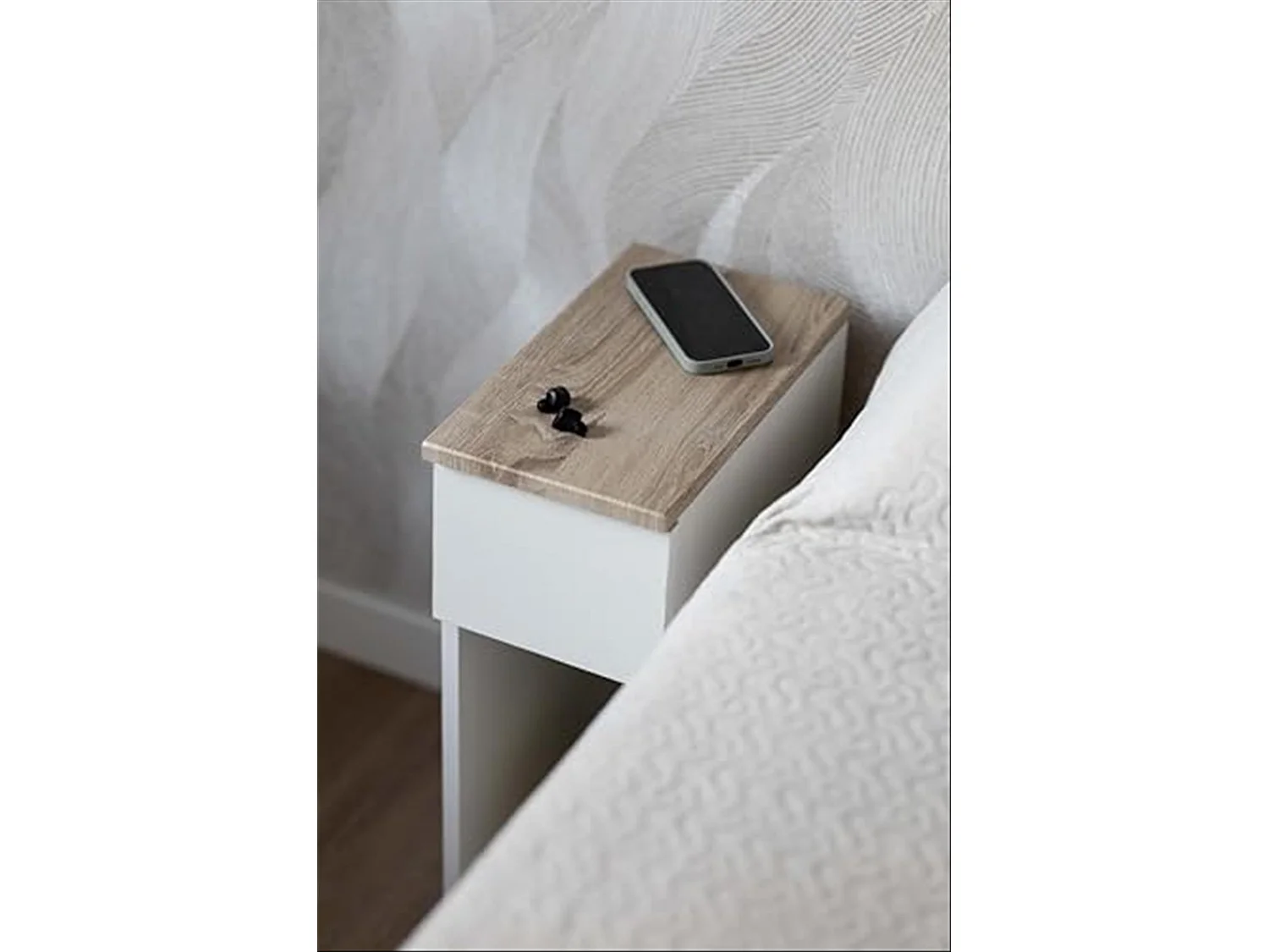 DUPI Mesita de Noche Estrecha Slim para Espacios reducidos. Optimiza el Almacenamiento y Ofrece funcionalidad. (Blanco/Taupe)