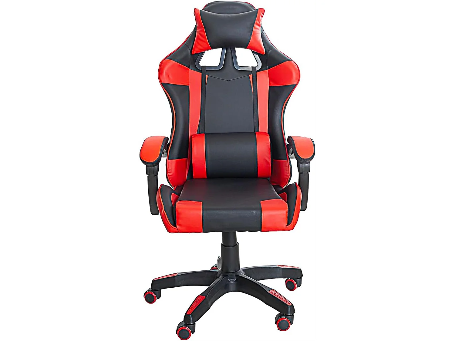 Cadeira gamer moderna Koe vermelha/preta com almofada lombar e apoios de braços 64 cm