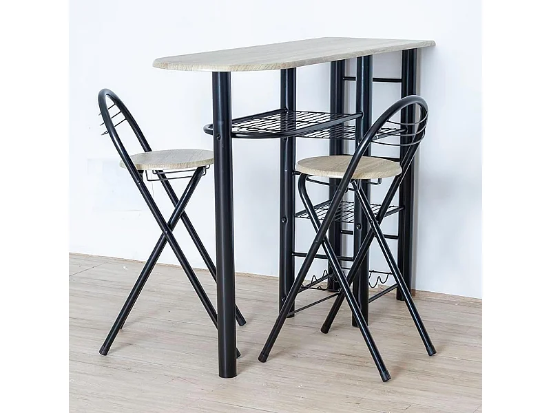Mesa Alta de Cozinha Escritório Industrial Preta/Madeira Clara + 2 Bancos 40x88x120 cm