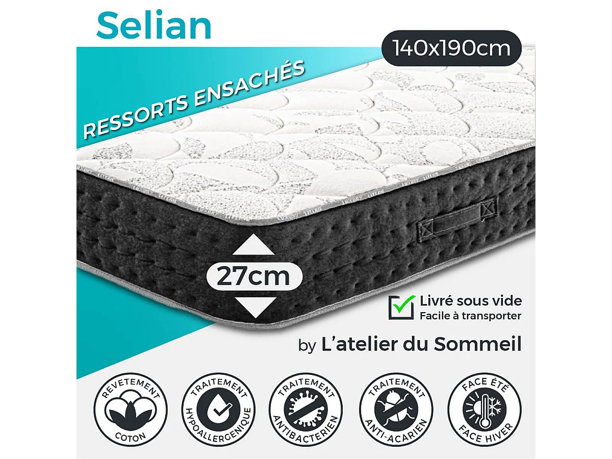SELIAN - Matelas 140x190 cm Ressorts ensachés Soutien très ferme Ep.27cm