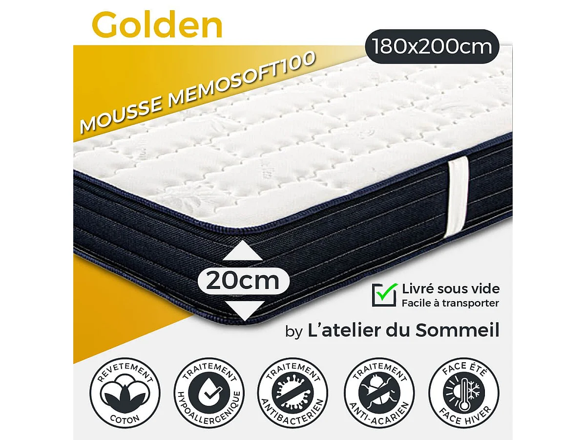 GOLDEN - Matelas 180x200 cm Mousse haute résilience haute adaptabilité Ep.20cm