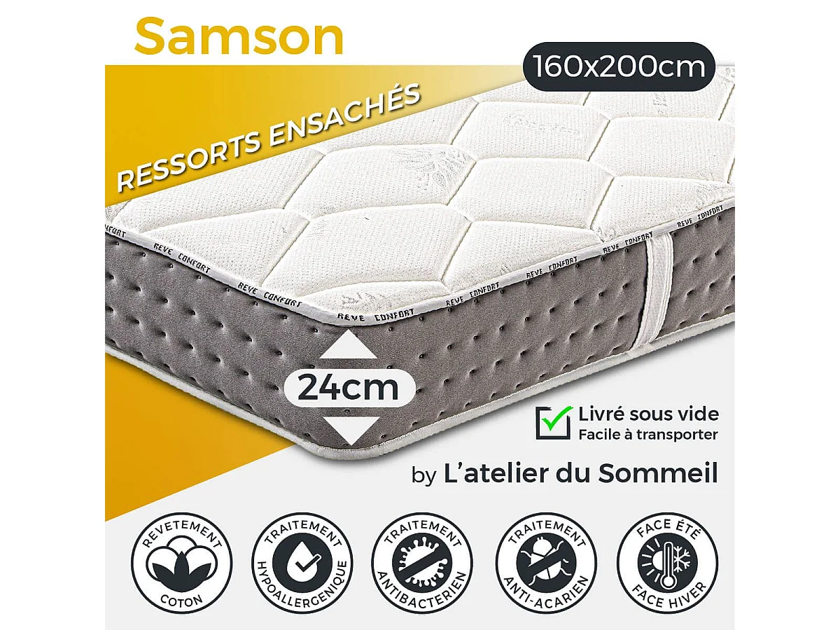 SAMSON - Matelas 160x200 cm Ressorts ensachés Soutien ferme Ep.24cm