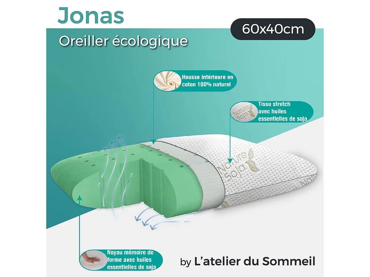 JONAS - Oreiller 60x40cm Mousse haute densité Ecologique et naturel