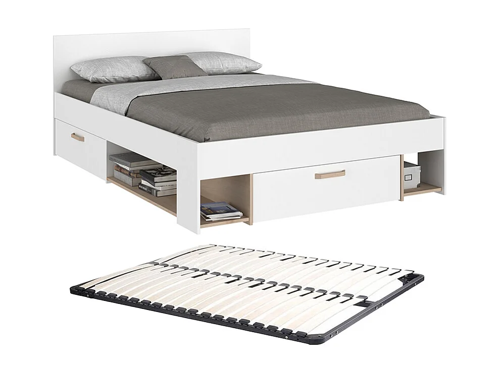 Cama 140 x 190/200 cm com espaços de arrumação branco e natural + sommier - KINSELIA