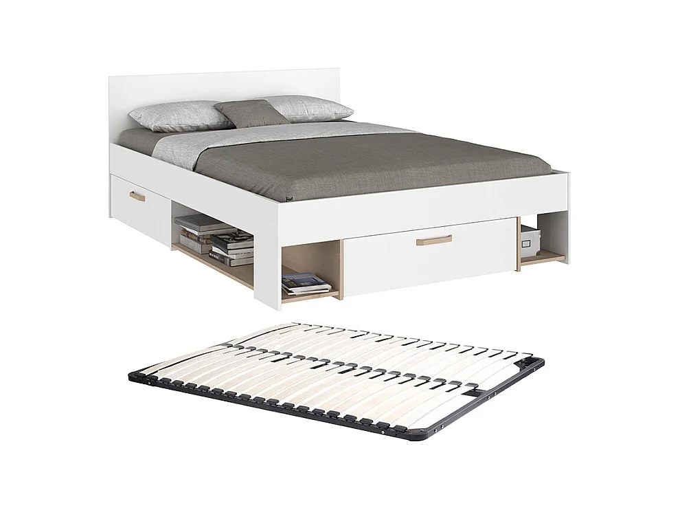 Cama 140 x 190/200 cm con compartimentos - blanco y natural + Somier - KINSELIA