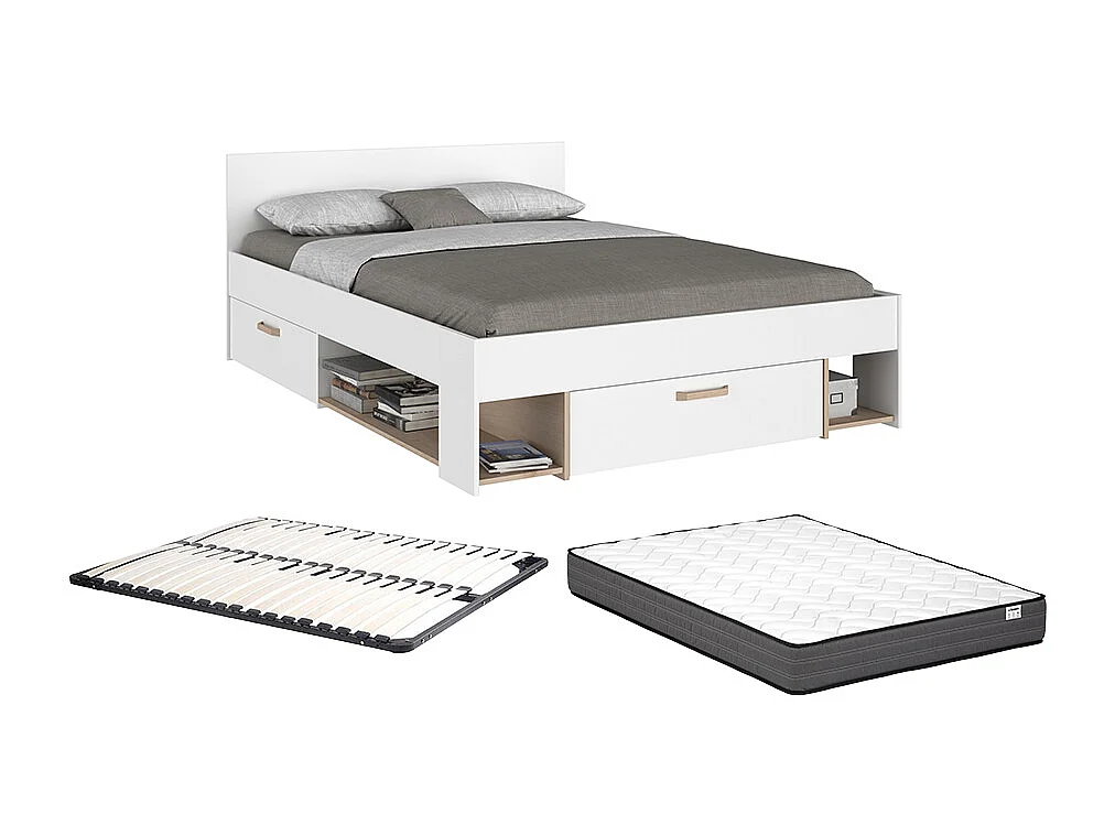 Cama 140 x 190/200 cm com espaços de arrumação branco e natural + sommier + colchão - KINSELIA