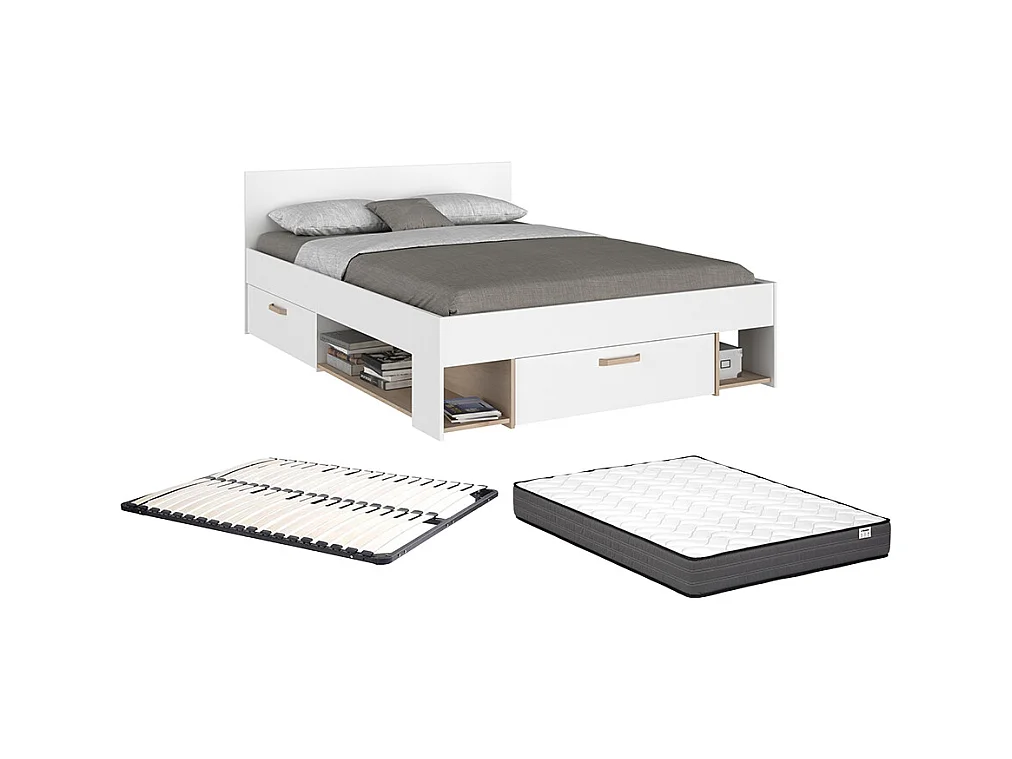 Bed 140 x 190/200 cm met opbergruimte - Wit en houtlook + bedbodem + matras - KINSELIA