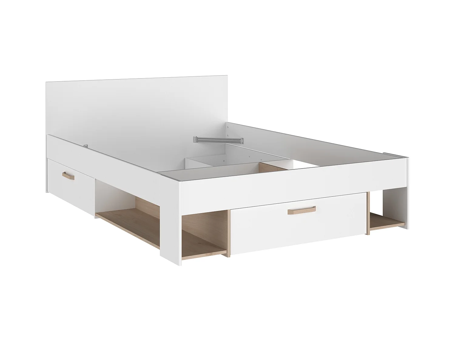 Bed 140 x 190/200 cm met opbergruimte - Wit en houtlook + bedbodem + matras - KINSELIA