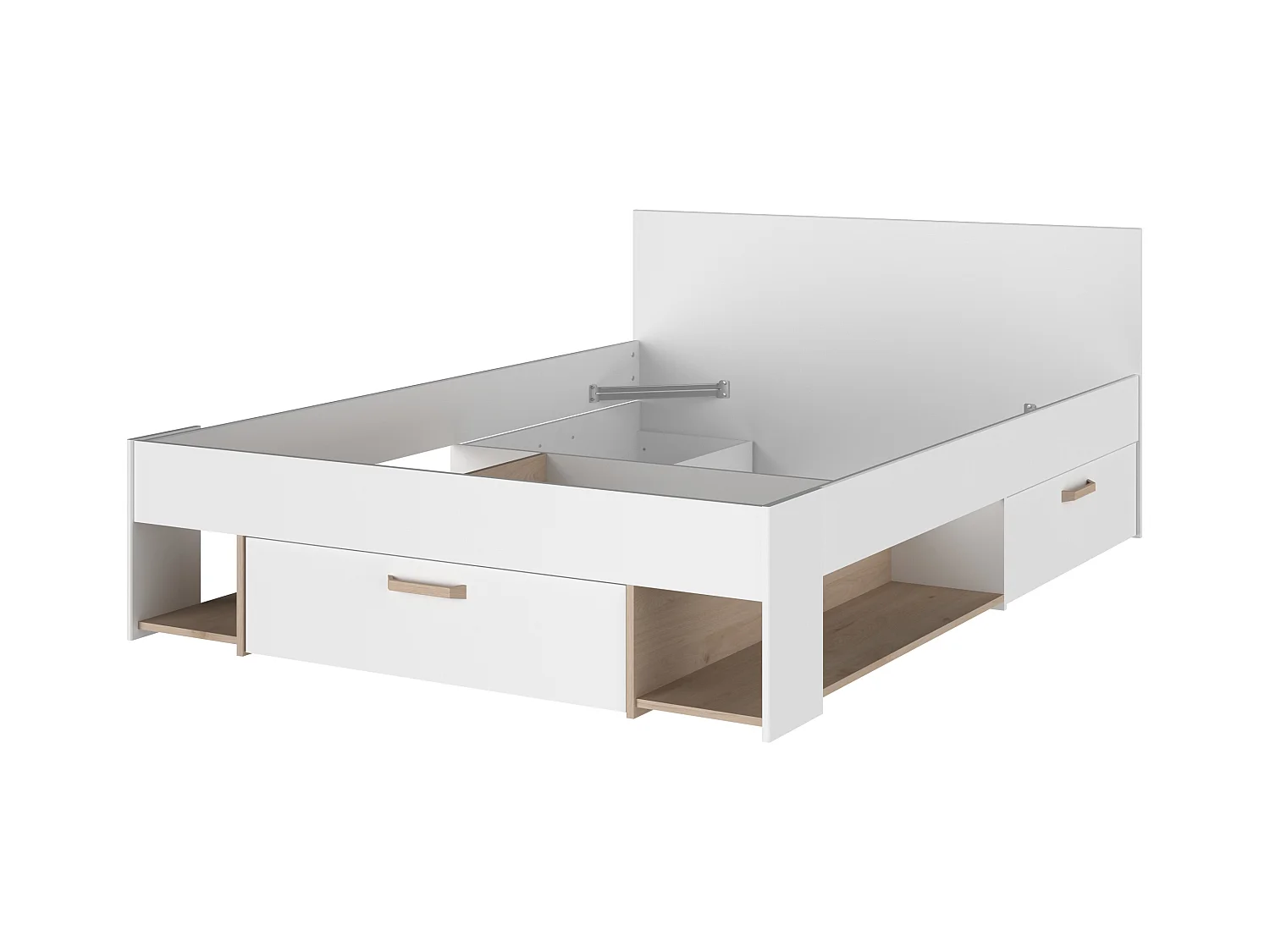 Bed 140 x 190/200 cm met opbergruimte - Wit en houtlook + bedbodem + matras - KINSELIA