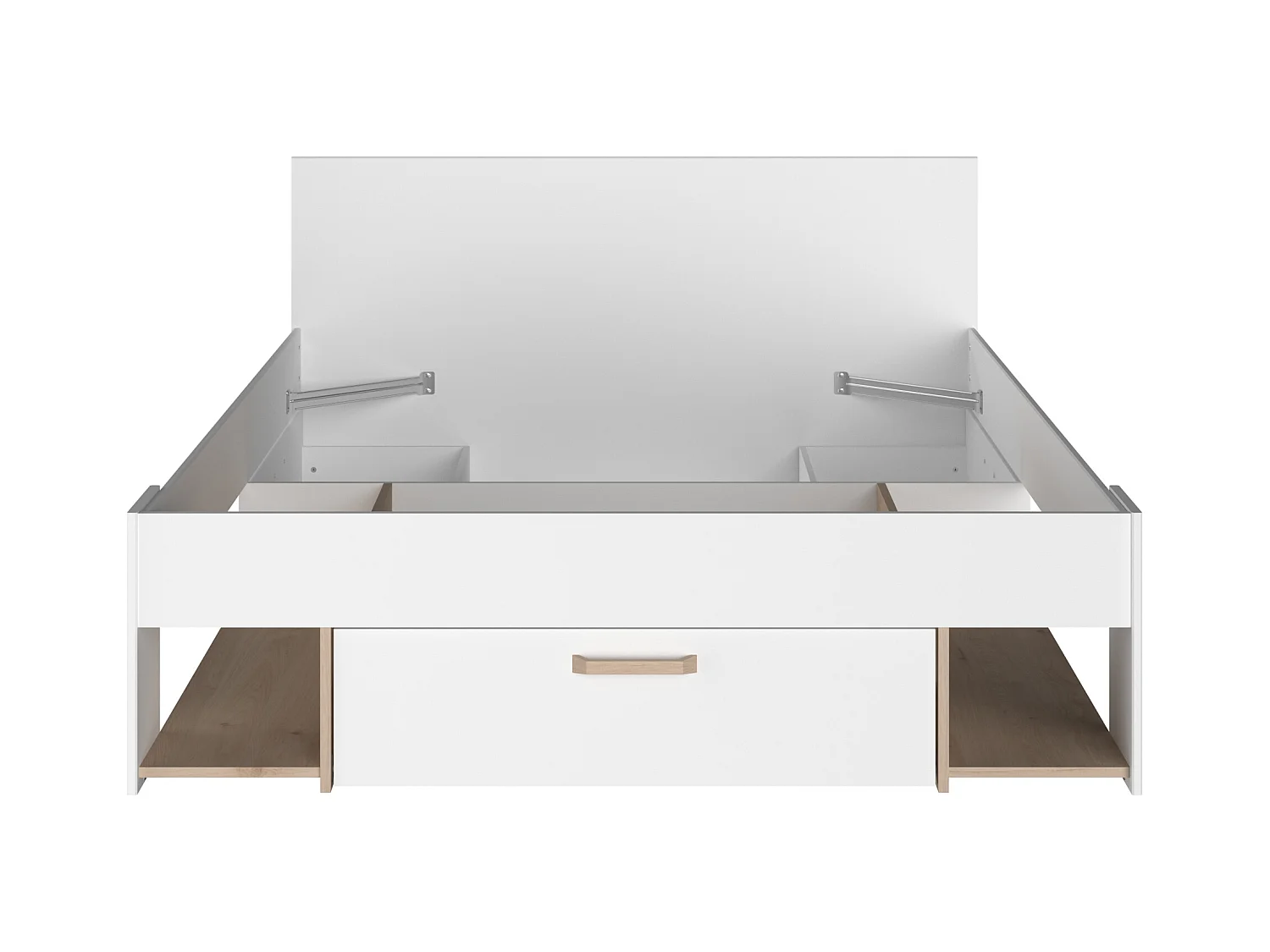 Bed 140 x 190/200 cm met opbergruimte - Wit en houtlook + bedbodem + matras - KINSELIA