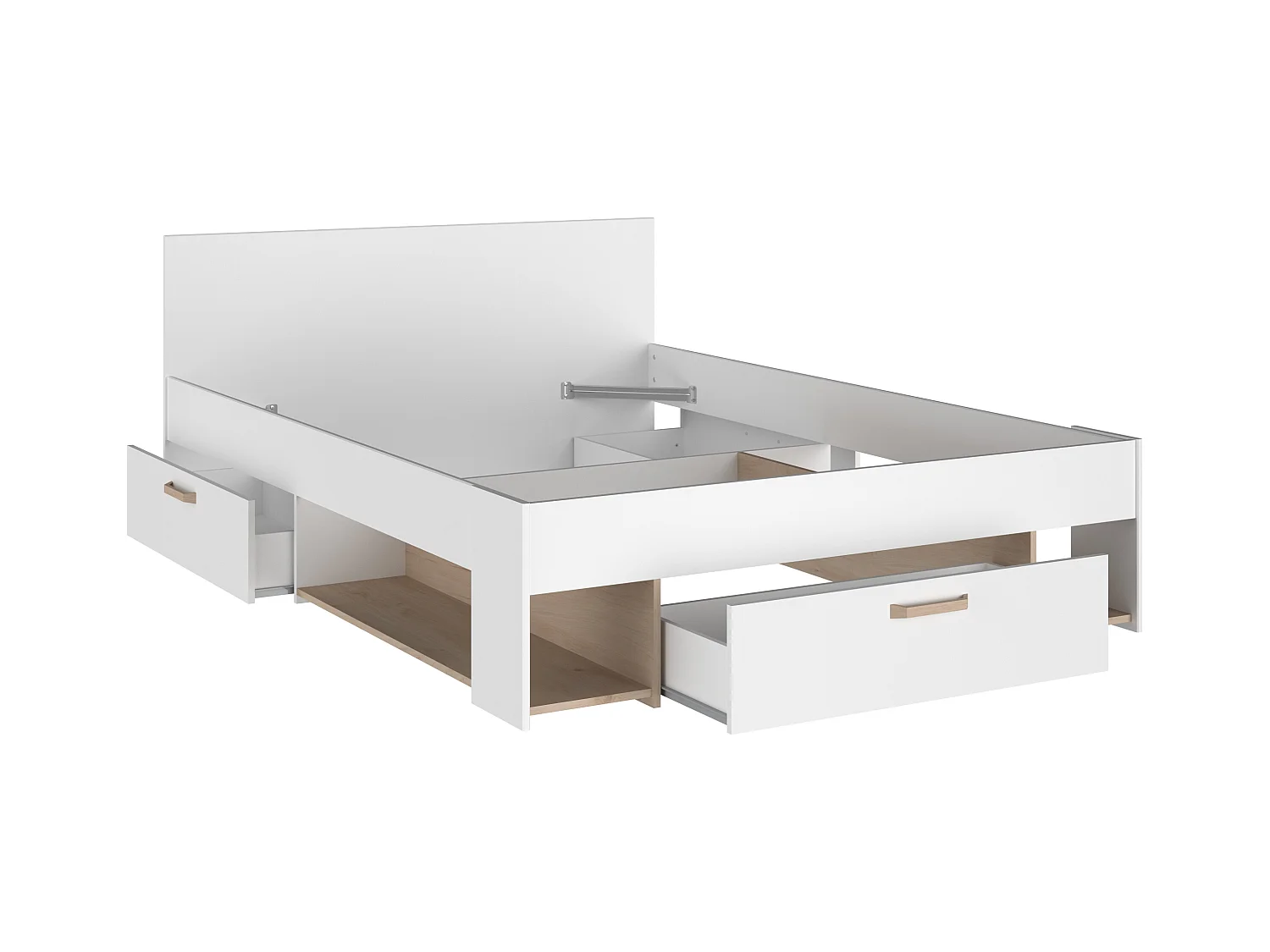 Bed 140 x 190/200 cm met opbergruimte - Wit en houtlook + bedbodem + matras - KINSELIA
