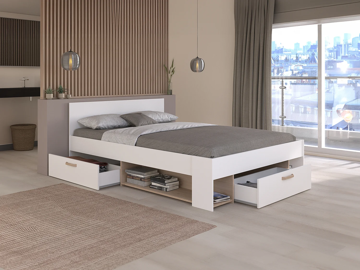 Bed 140 x 190/200 cm met opbergruimte - Wit en houtlook + bedbodem + matras - KINSELIA