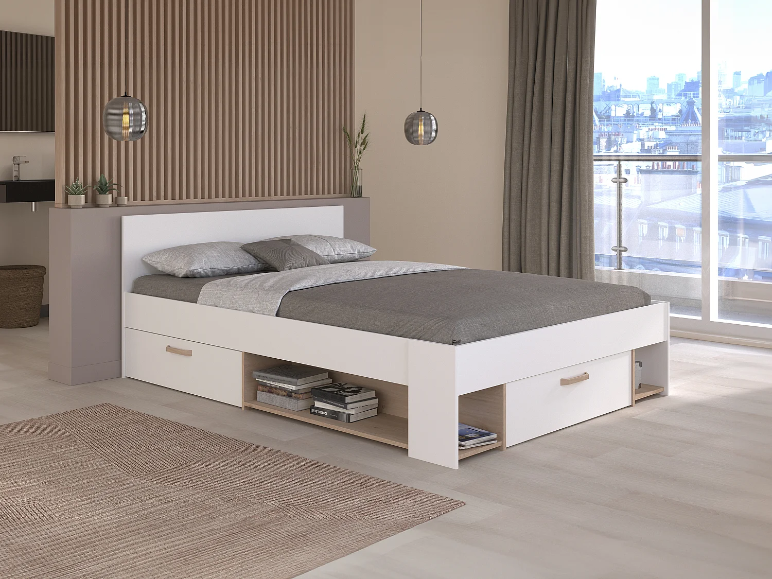 Lit 140 x 190/200 cm avec rangements - Blanc et naturel + Sommier + Matelas - KINSELIA
