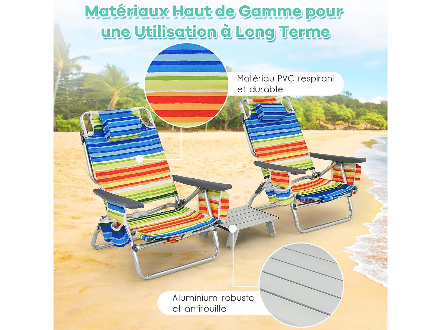 Lot de 2 Chaises de Plage Pliante avec Table Enroulable en Aluminium, Fauteuil de Jardin Inclinables à 5 Positions Charge Max 136 KG (Calicot)