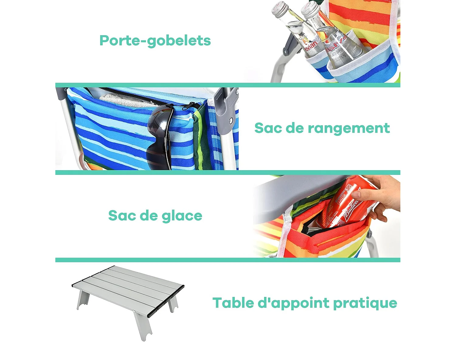 Lot de 2 Chaises de Plage Pliante avec Table Enroulable en Aluminium, Fauteuil de Jardin Inclinables à 5 Positions Charge Max 136 KG (Calicot)