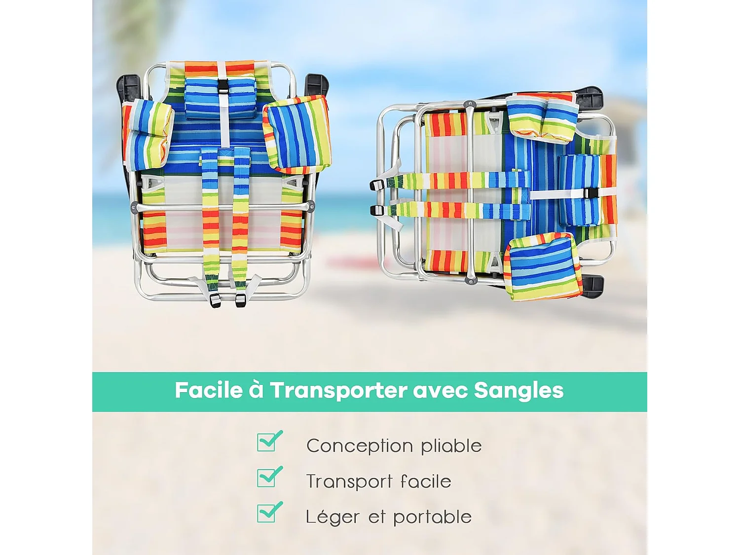 Lot de 2 Chaises de Plage Pliante avec Table Enroulable en Aluminium, Fauteuil de Jardin Inclinables à 5 Positions Charge Max 136 KG (Calicot)