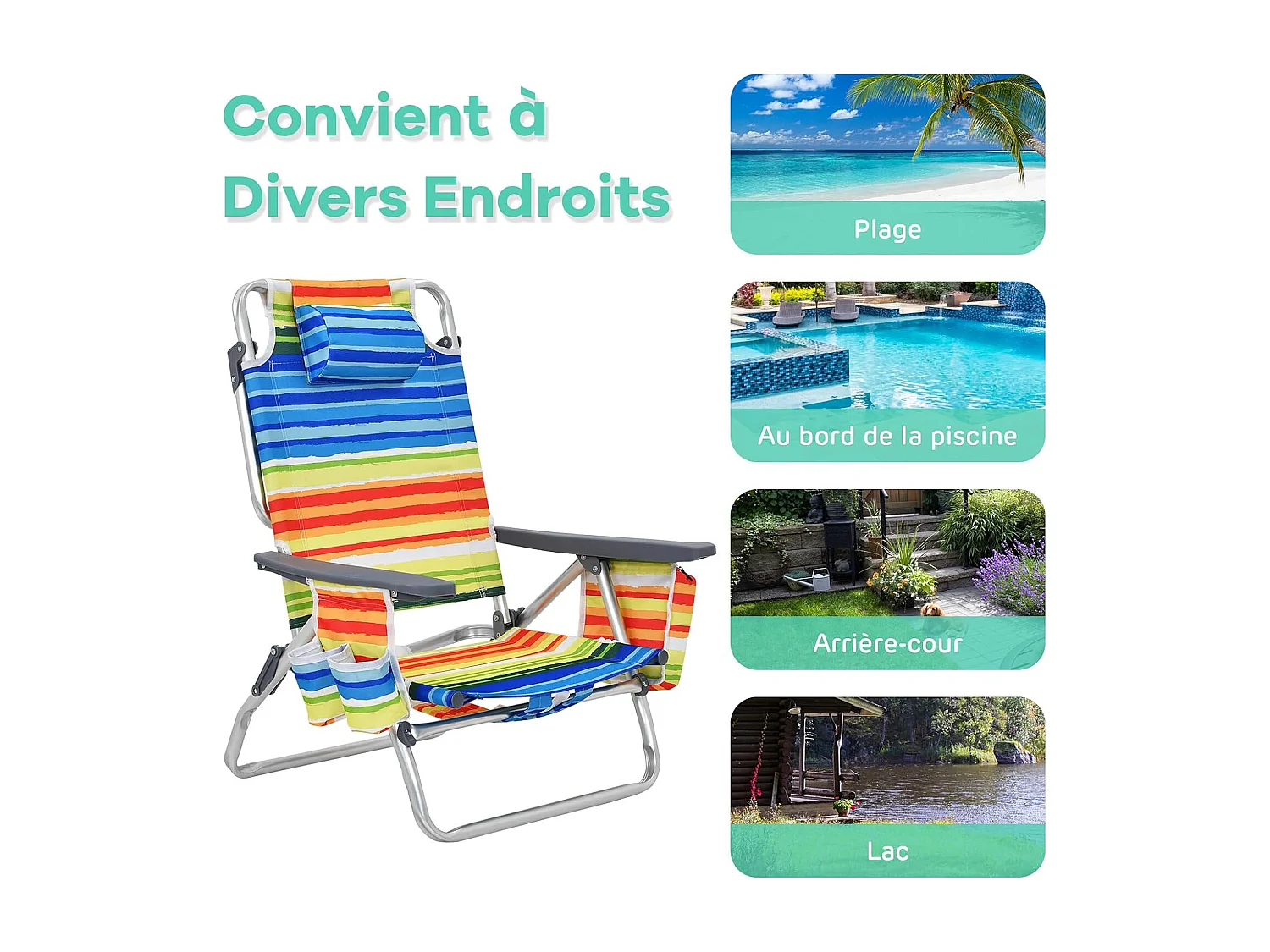 Lot de 2 Chaises de Plage Pliante avec Table Enroulable en Aluminium, Fauteuil de Jardin Inclinables à 5 Positions Charge Max 136 KG (Calicot)