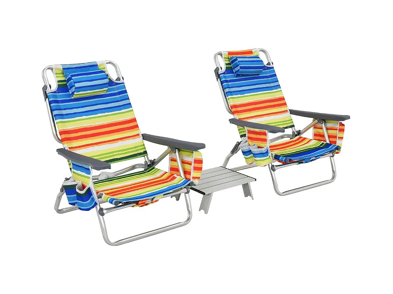 Set van 2 opvouwbare strandstoelen met aluminium oproltafel, 5-positie verstelbare tuinfauteuil, maximale belasting 136 KG, voor wandelen strandvissen (Calicot)