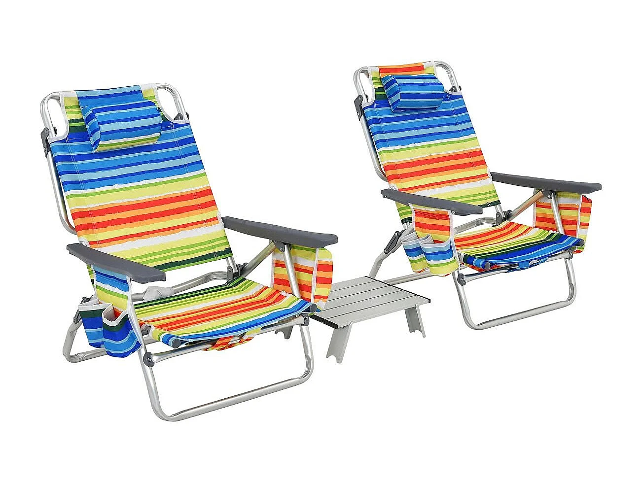 Lot de 2 Chaises de Plage Pliante avec Table Enroulable en Aluminium, Fauteuil de Jardin Inclinables à 5 Positions Charge Max 136 KG (Calicot)