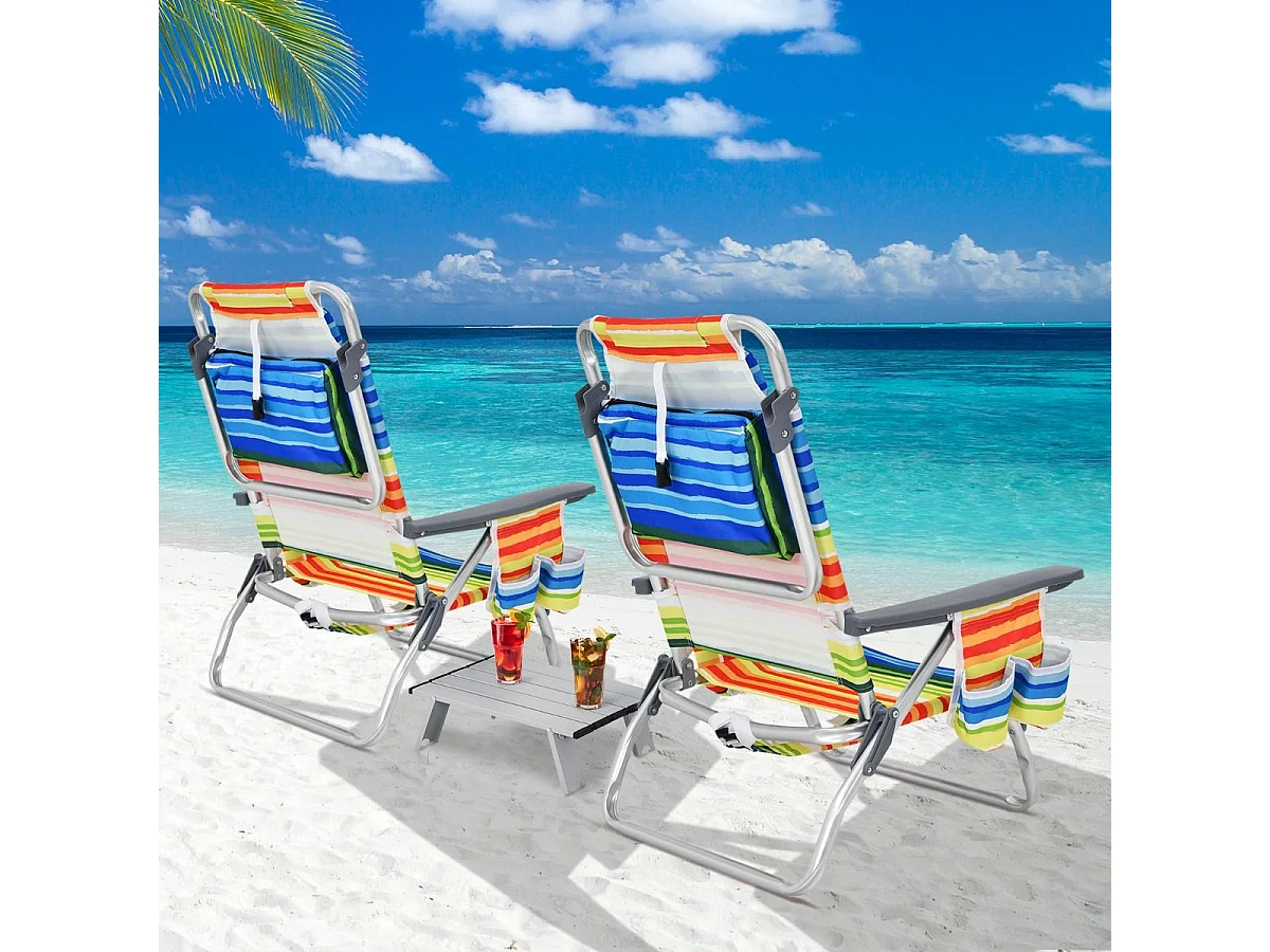 Lot de 2 Chaises de Plage Pliante avec Table Enroulable en Aluminium, Fauteuil de Jardin Inclinables à 5 Positions Charge Max 136 KG (Calicot)