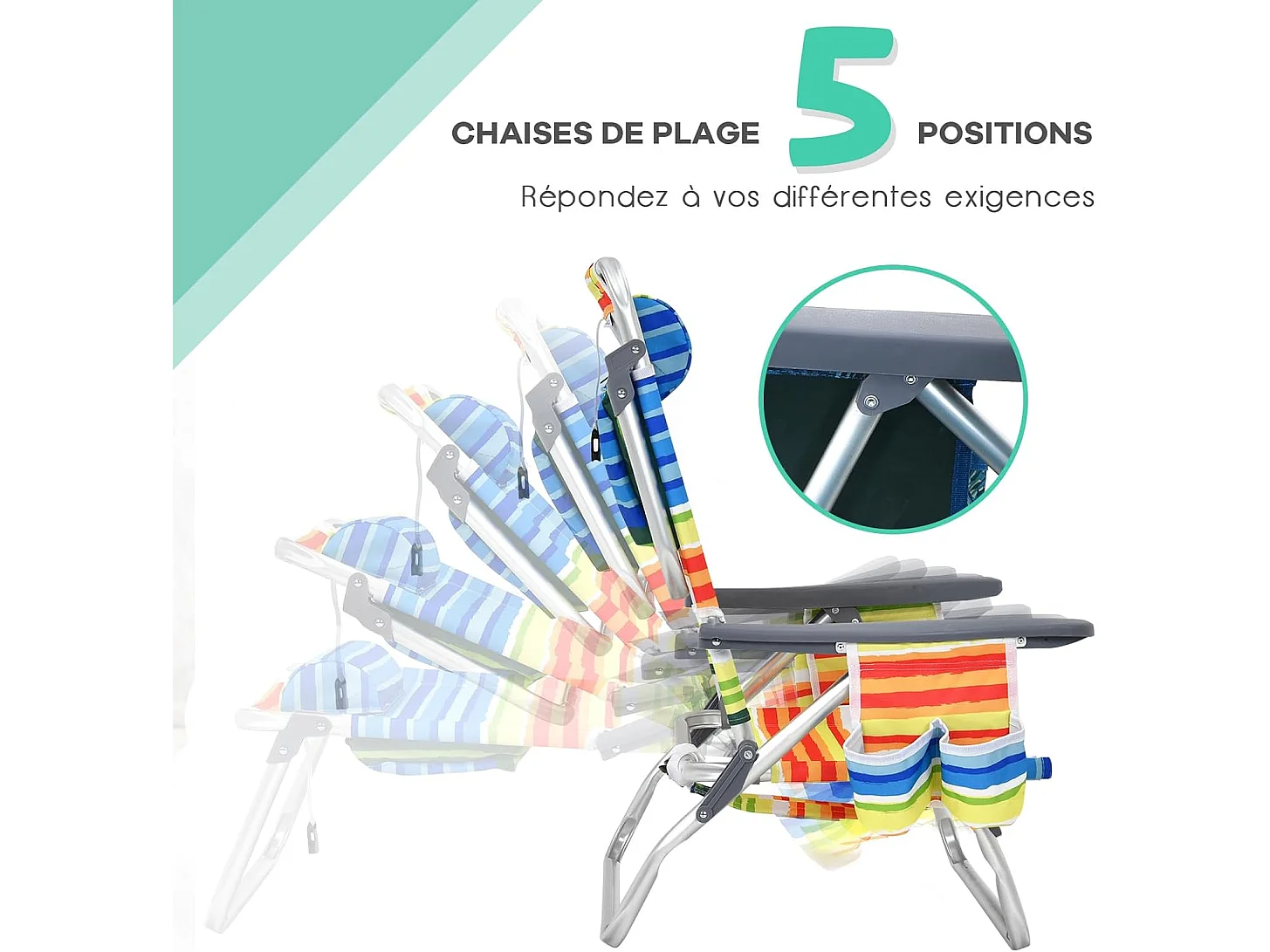 Lot de 2 Chaises de Plage Pliante avec Table Enroulable en Aluminium, Fauteuil de Jardin Inclinables à 5 Positions Charge Max 136 KG (Calicot)