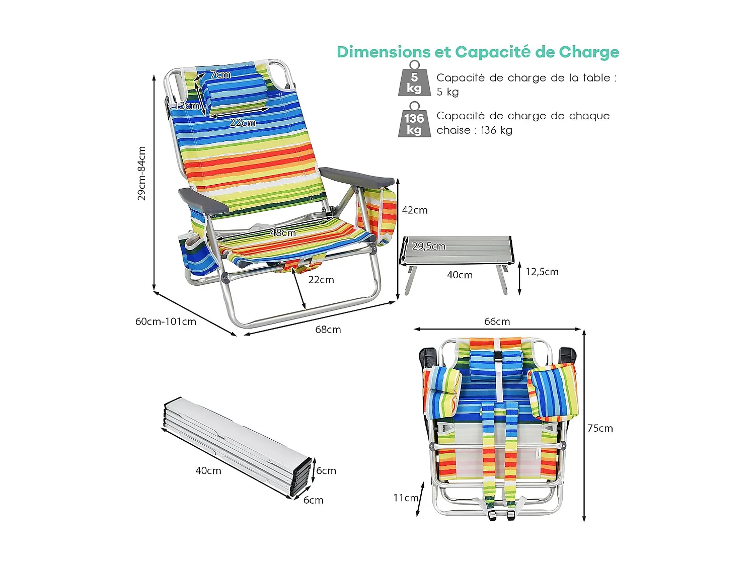 Lot de 2 Chaises de Plage Pliante avec Table Enroulable en Aluminium, Fauteuil de Jardin Inclinables à 5 Positions Charge Max 136 KG (Calicot)