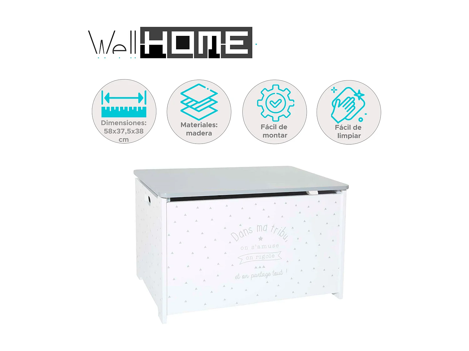 WELL HOME - Malle bébé blanc et gris 58 x 37,5 x 38 cm