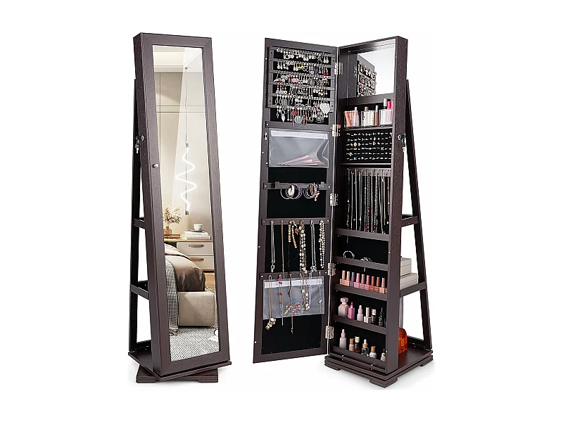 360 graden draaibare sieradenkast, vrijstaande sieradenorganizer, met grote Psyche-spiegel en opbergplank aan de achterkant (donkerbruin)