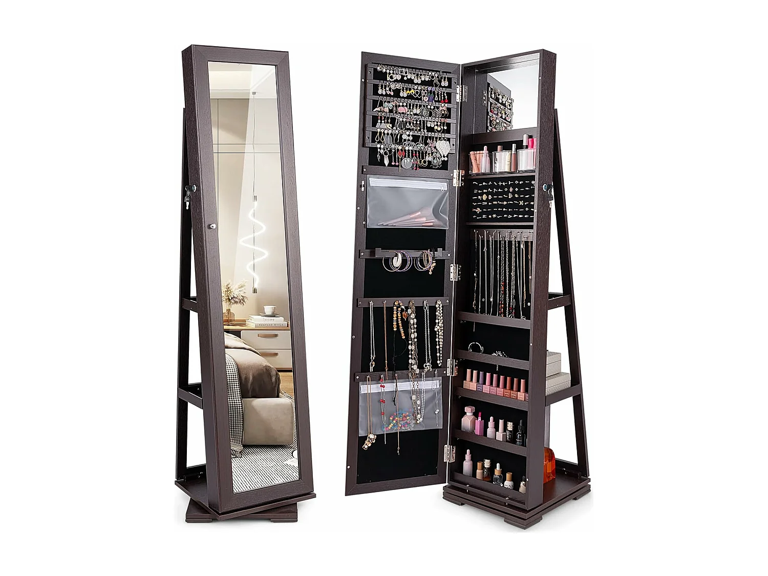 Armoire à Bijoux Pivotante à 360 Degrés, Organisateur de Bijoux sur Pieds, avec Grand Miroir Psyché et Etagère de Rangement à L’Arrière (Brun Foncé)