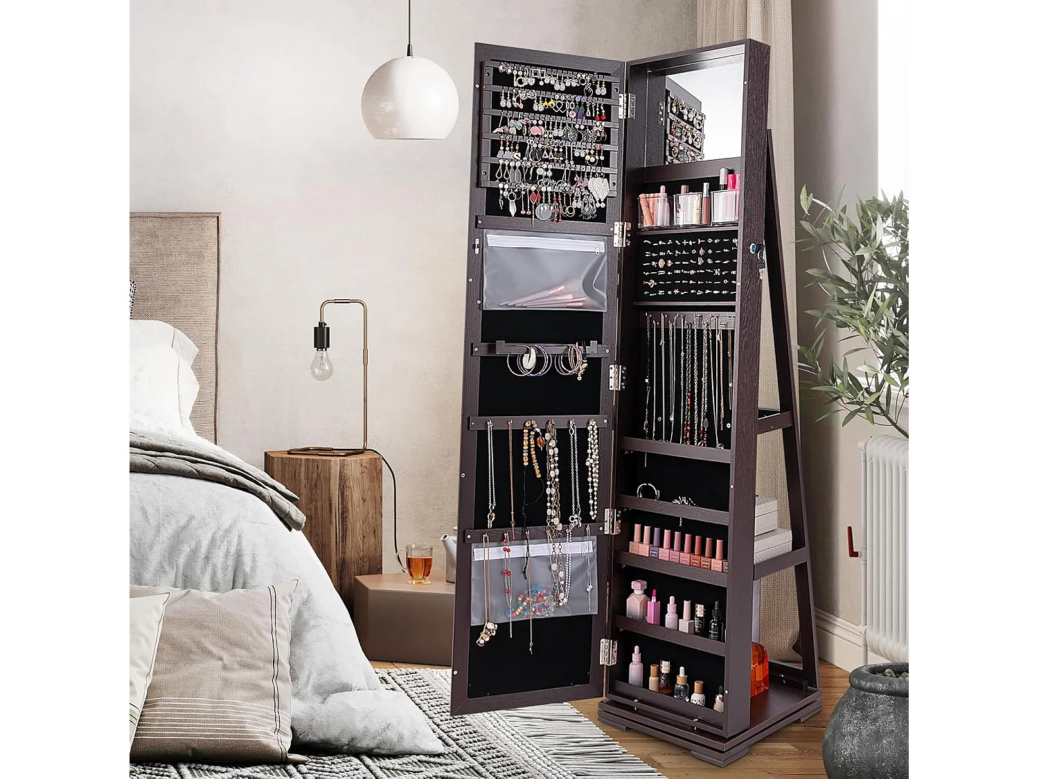 Armoire à Bijoux Pivotante à 360 Degrés, Organisateur de Bijoux sur Pieds, avec Grand Miroir Psyché et Etagère de Rangement à L’Arrière (Brun Foncé)