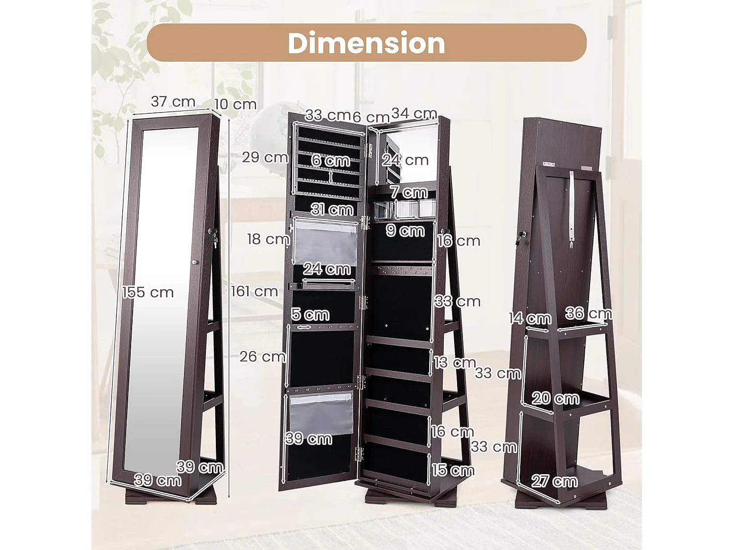 Armoire à Bijoux Pivotante à 360 Degrés, Organisateur de Bijoux sur Pieds, avec Grand Miroir Psyché et Etagère de Rangement à L’Arrière (Brun Foncé)