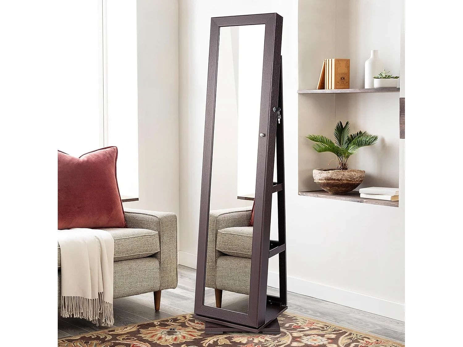 Armoire à Bijoux Pivotante à 360 Degrés, Organisateur de Bijoux sur Pieds, avec Grand Miroir Psyché et Etagère de Rangement à L’Arrière (Brun Foncé)