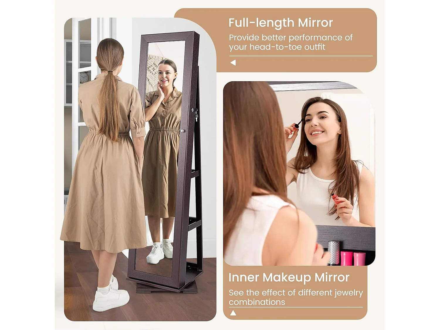 Armoire à Bijoux Pivotante à 360 Degrés, Organisateur de Bijoux sur Pieds, avec Grand Miroir Psyché et Etagère de Rangement à L’Arrière (Brun Foncé)