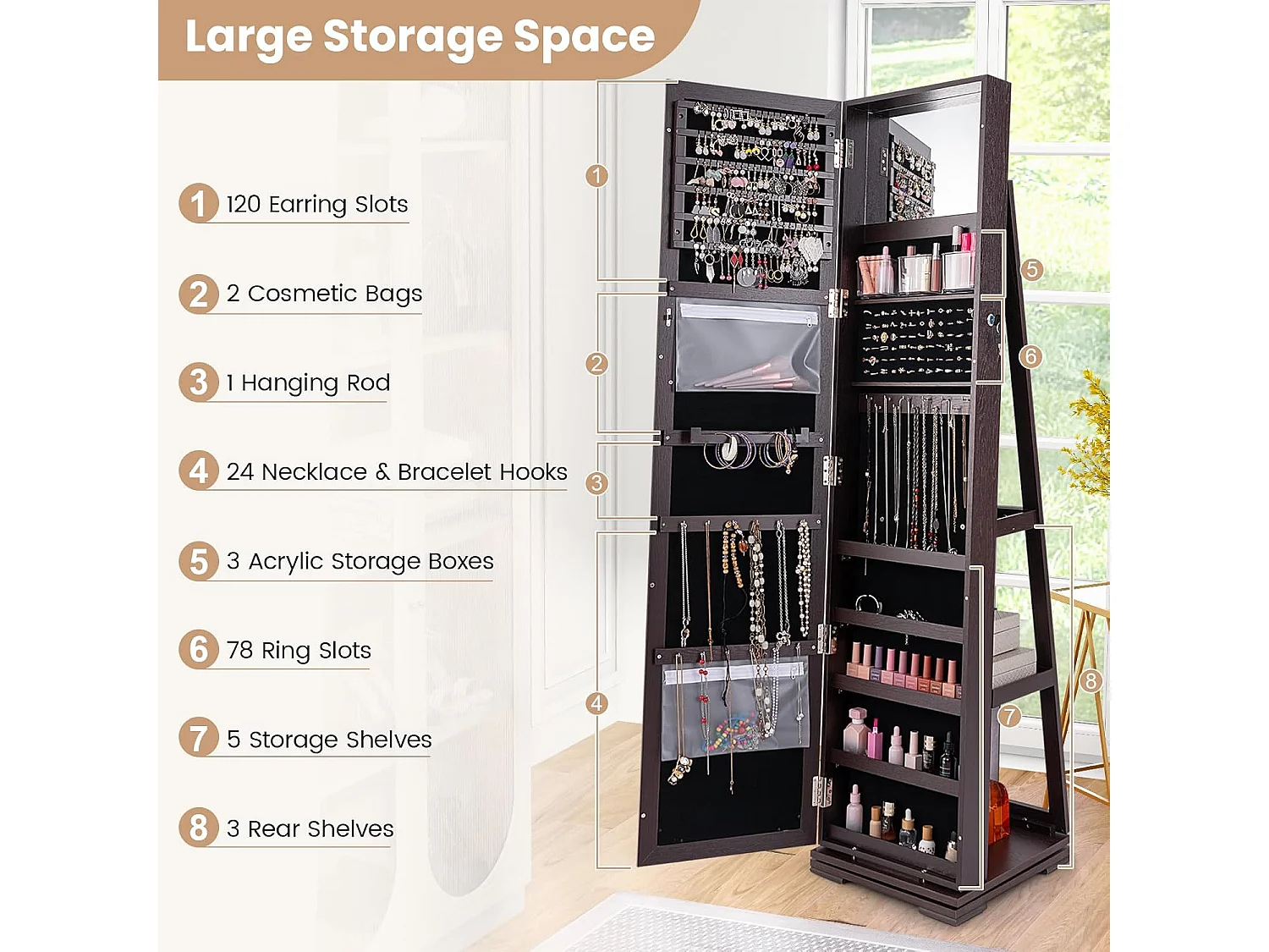 Armoire à Bijoux Pivotante à 360 Degrés, Organisateur de Bijoux sur Pieds, avec Grand Miroir Psyché et Etagère de Rangement à L’Arrière (Brun Foncé)