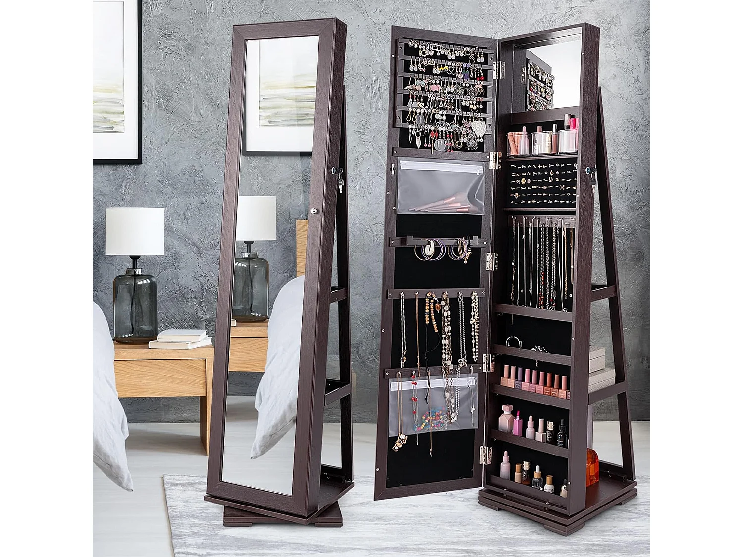 Armoire à Bijoux Pivotante à 360 Degrés, Organisateur de Bijoux sur Pieds, avec Grand Miroir Psyché et Etagère de Rangement à L’Arrière (Brun Foncé)