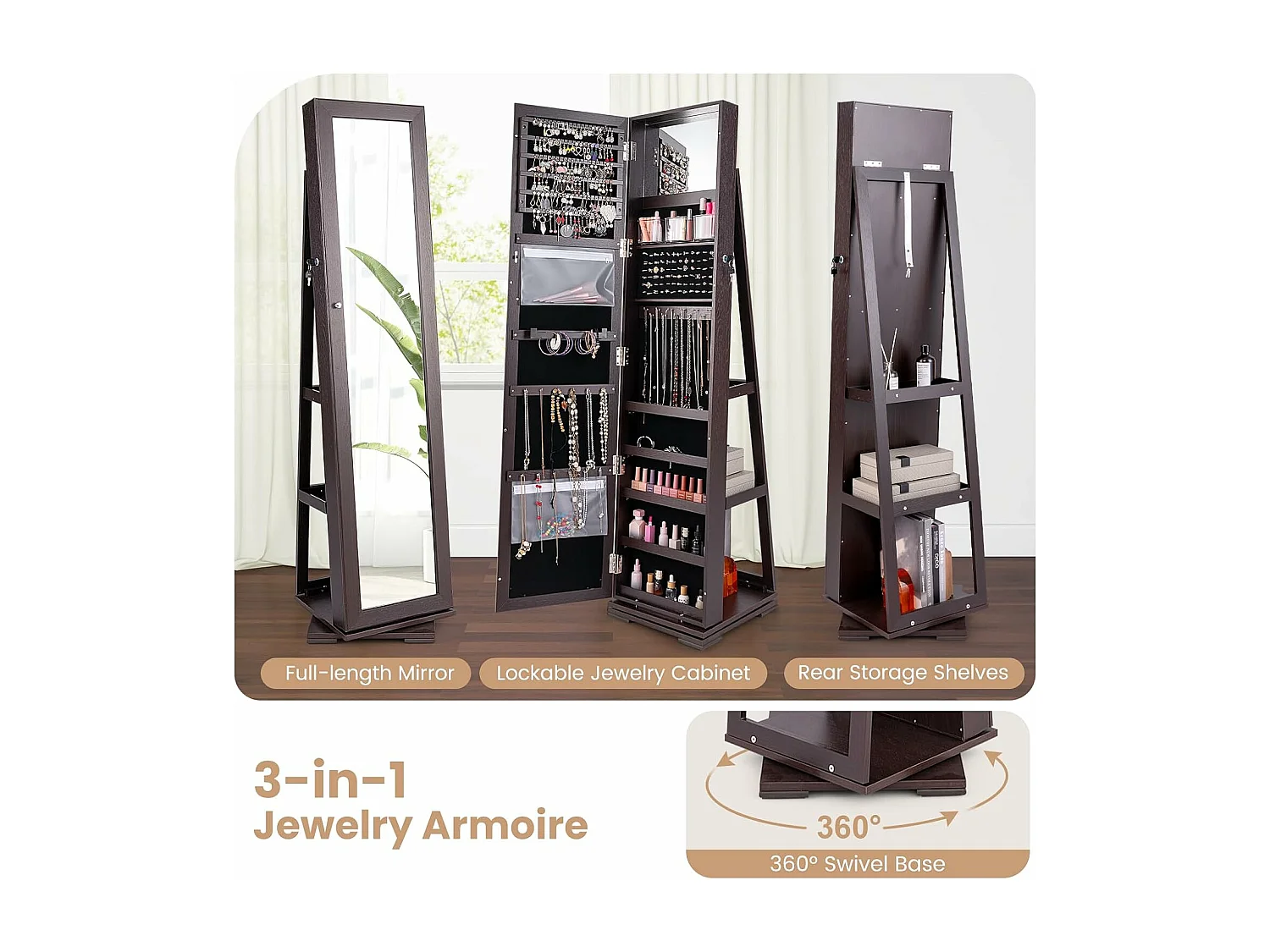 Armoire à Bijoux Pivotante à 360 Degrés, Organisateur de Bijoux sur Pieds, avec Grand Miroir Psyché et Etagère de Rangement à L’Arrière (Brun Foncé)