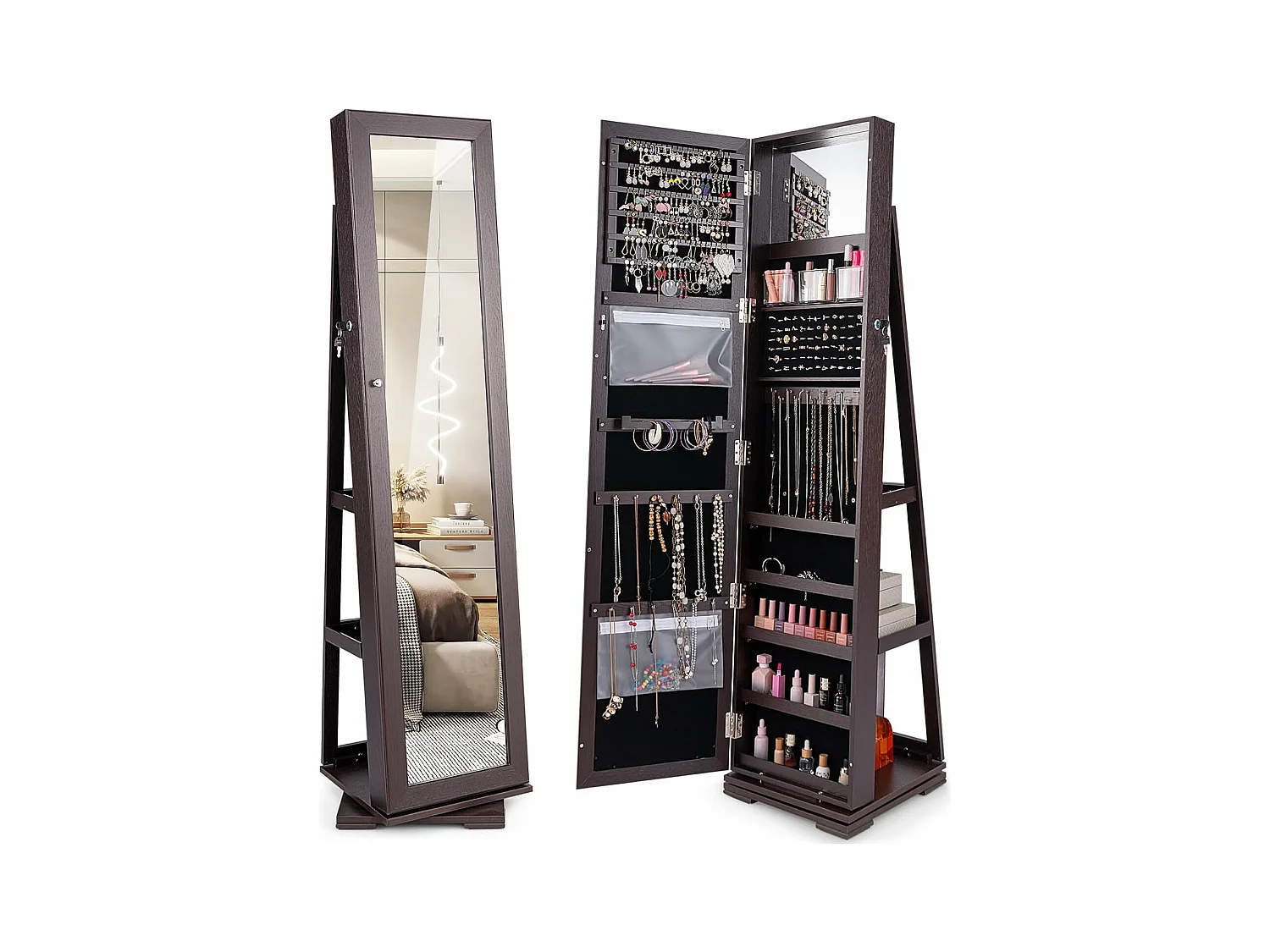 Armoire à Bijoux Pivotante à 360 Degrés, Organisateur de Bijoux sur Pieds, avec Grand Miroir Psyché et Etagère de Rangement à L’Arrière (Brun Foncé)