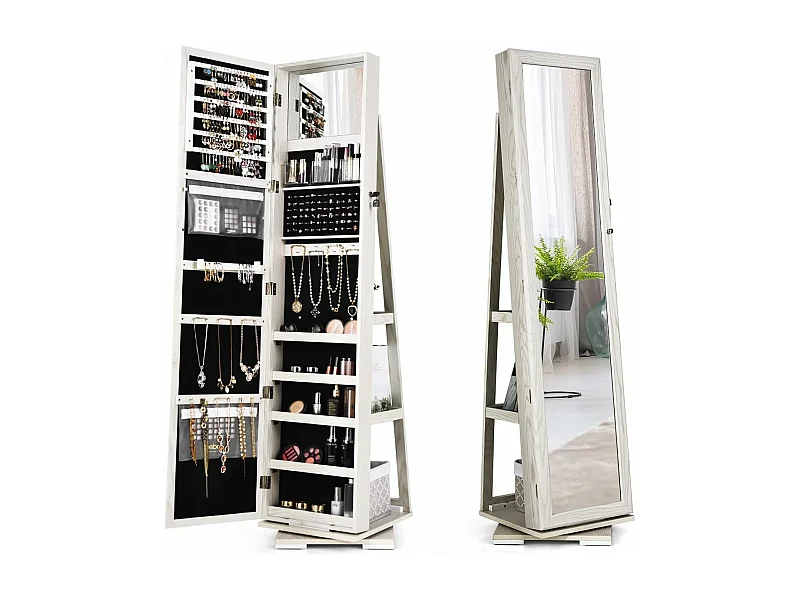 Armoire à Bijoux Pivotante à 360 Degrés, Organisateur de Bijoux sur Pieds, avec Grand Miroir Psyché et Etagère de Rangement à L’Arrière (Blanc)