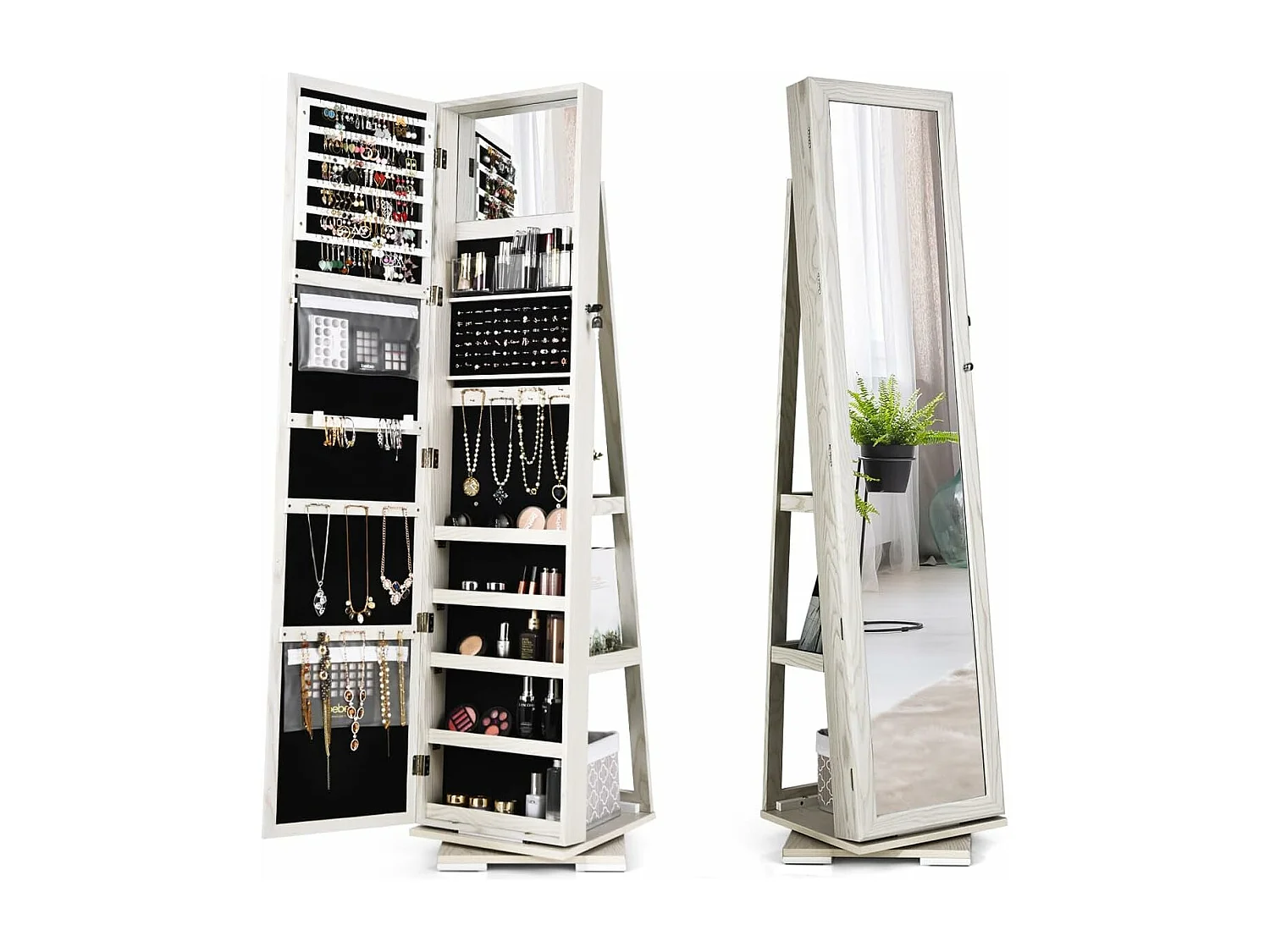 Armoire à Bijoux Pivotante à 360 Degrés, Organisateur de Bijoux sur Pieds, avec Grand Miroir Psyché et Etagère de Rangement à L’Arrière (Blanc)