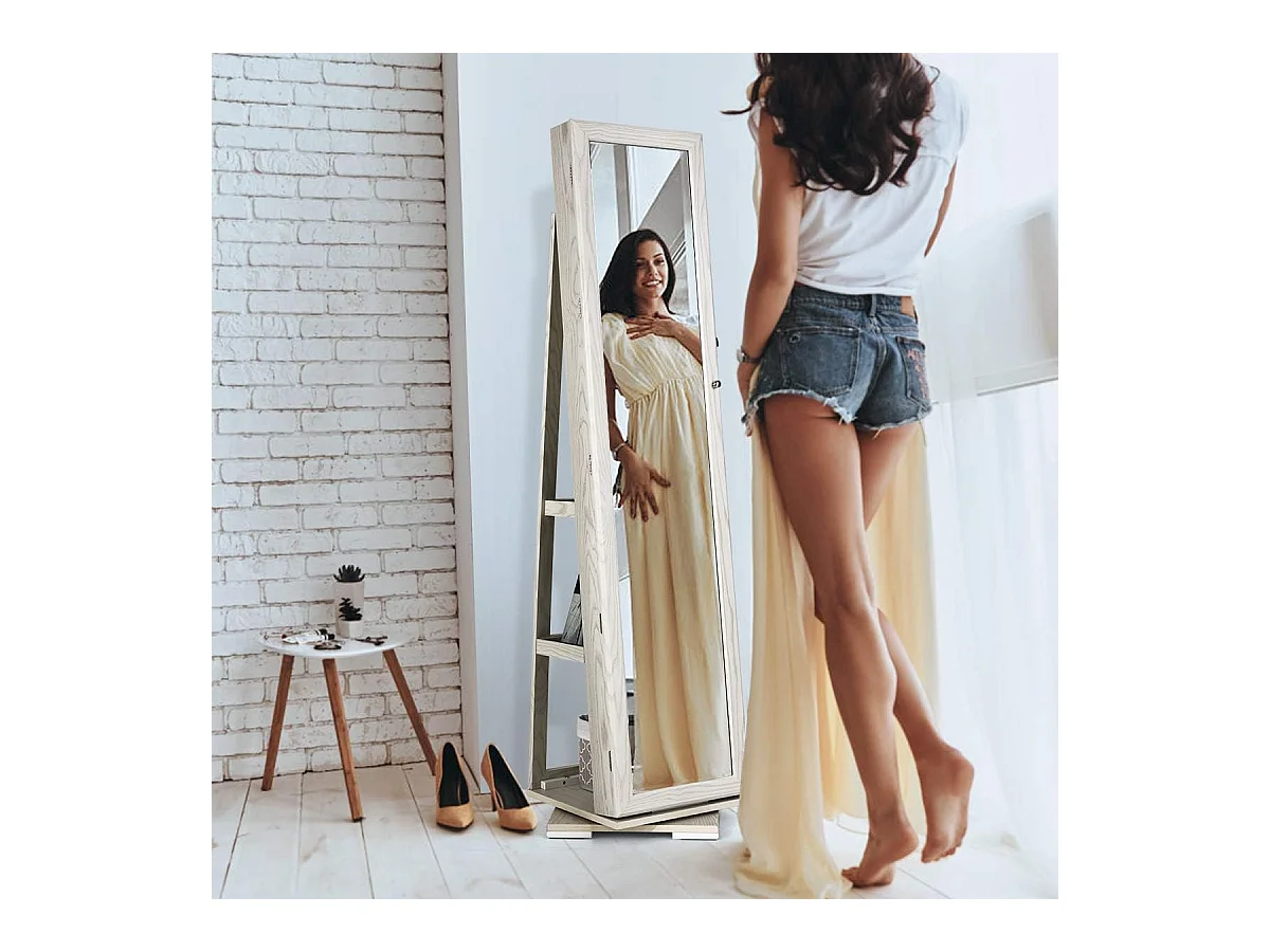 Armoire à Bijoux Pivotante à 360 Degrés, Organisateur de Bijoux sur Pieds, avec Grand Miroir Psyché et Etagère de Rangement à L’Arrière (Blanc)