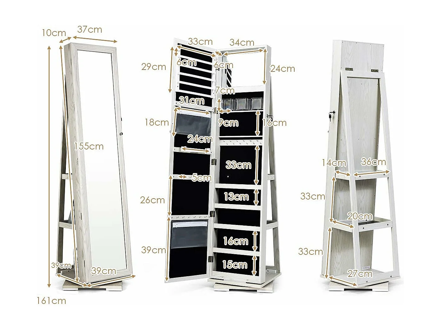 Armoire à Bijoux Pivotante à 360 Degrés, Organisateur de Bijoux sur Pieds, avec Grand Miroir Psyché et Etagère de Rangement à L’Arrière (Blanc)