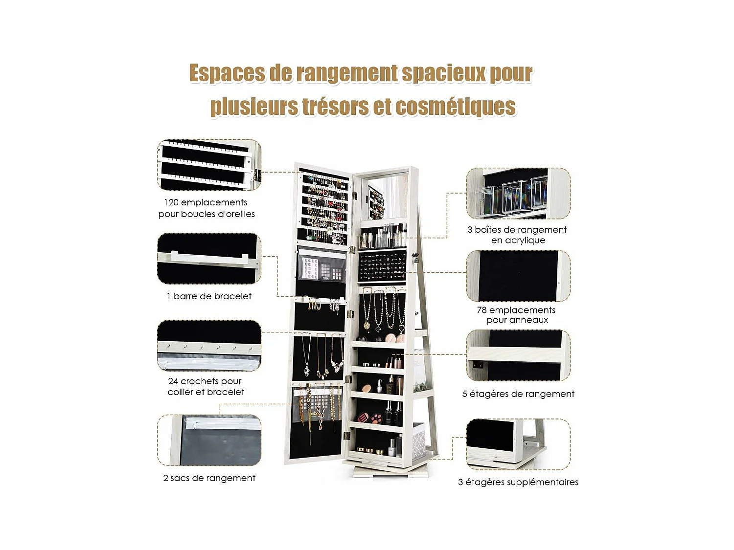 Armoire à Bijoux Pivotante à 360 Degrés, Organisateur de Bijoux sur Pieds, avec Grand Miroir Psyché et Etagère de Rangement à L’Arrière (Blanc)