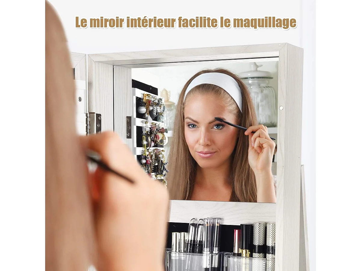 Armoire à Bijoux Pivotante à 360 Degrés, Organisateur de Bijoux sur Pieds, avec Grand Miroir Psyché et Etagère de Rangement à L’Arrière (Blanc)