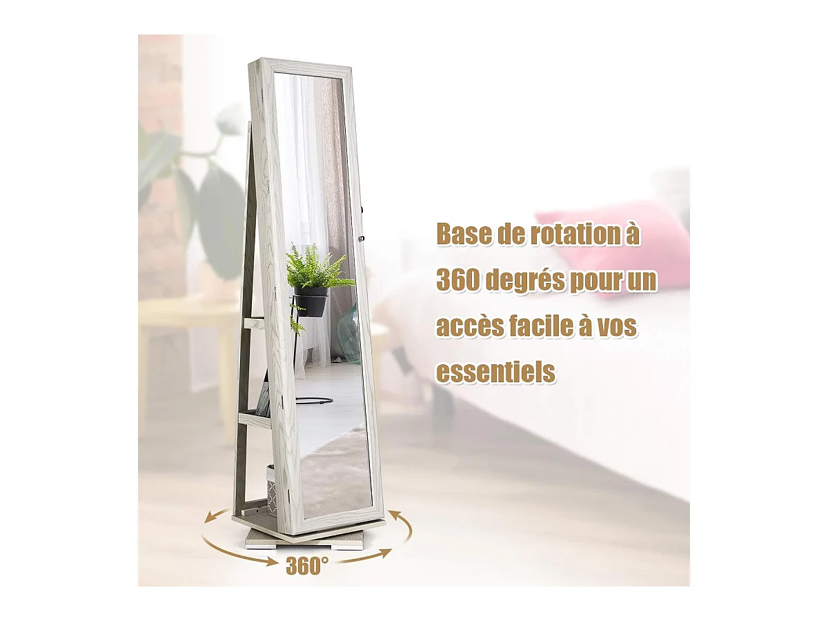 Armoire à Bijoux Pivotante à 360 Degrés, Organisateur de Bijoux sur Pieds, avec Grand Miroir Psyché et Etagère de Rangement à L’Arrière (Blanc)