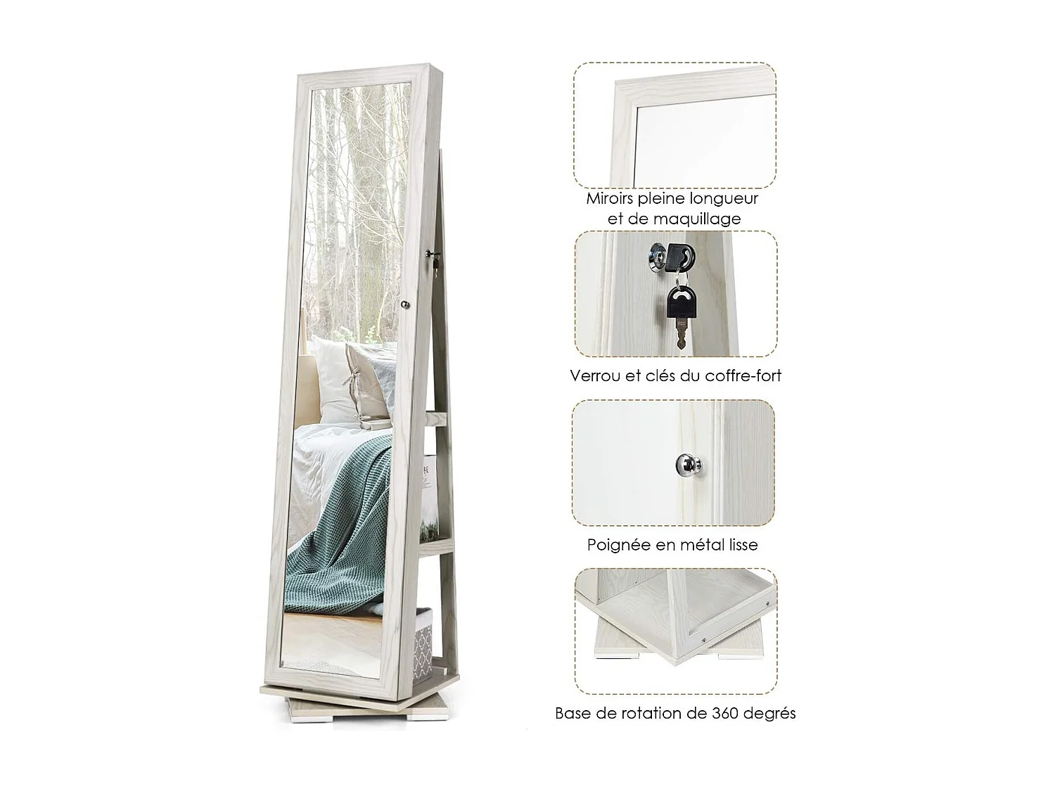 Armoire à Bijoux Pivotante à 360 Degrés, Organisateur de Bijoux sur Pieds, avec Grand Miroir Psyché et Etagère de Rangement à L’Arrière (Blanc)