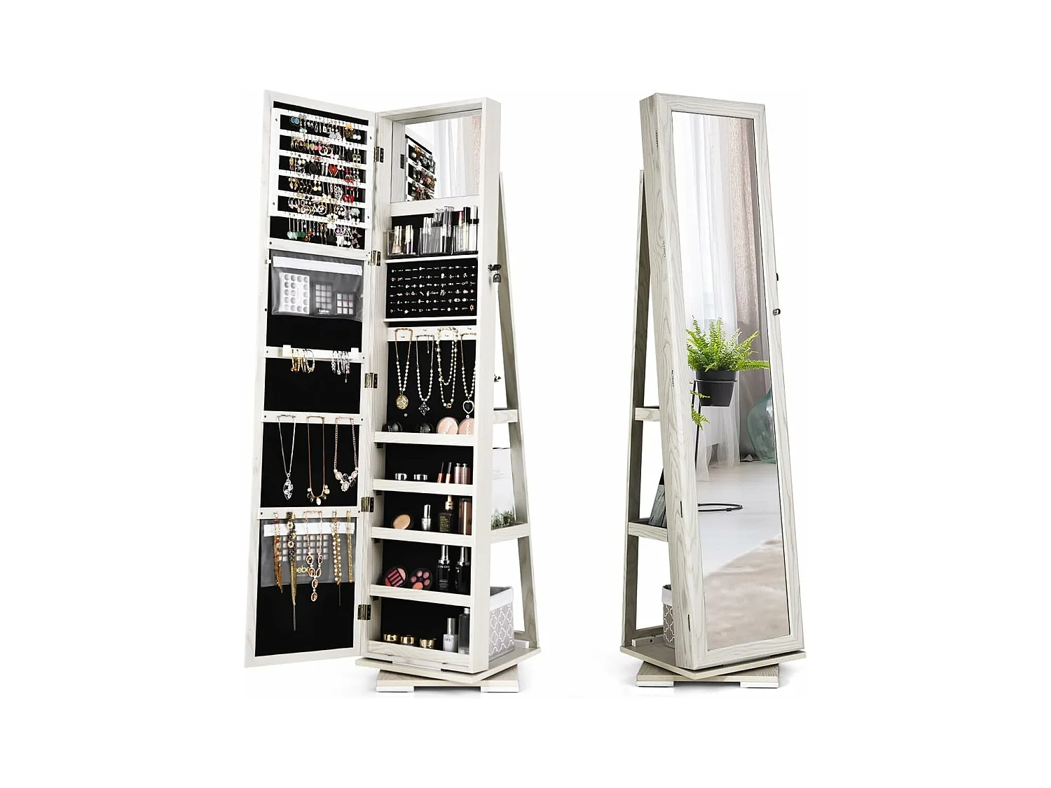 Armoire à Bijoux Pivotante à 360 Degrés, Organisateur de Bijoux sur Pieds, avec Grand Miroir Psyché et Etagère de Rangement à L’Arrière (Blanc)