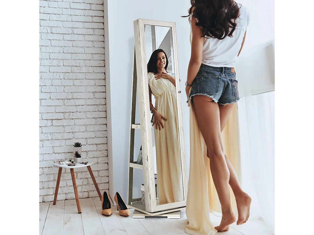 Armoire à Bijoux Pivotante à 360 Degrés, Organisateur de Bijoux sur Pieds, avec Grand Miroir Psyché et Etagère de Rangement à L’Arrière (Blanc)