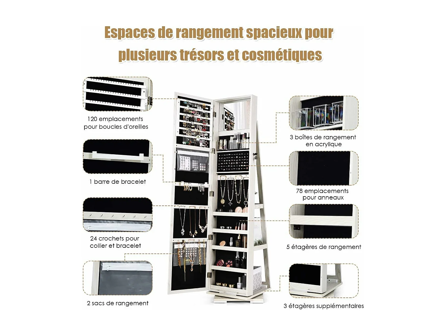 Armoire à Bijoux Pivotante à 360 Degrés, Organisateur de Bijoux sur Pieds, avec Grand Miroir Psyché et Etagère de Rangement à L’Arrière (Blanc)