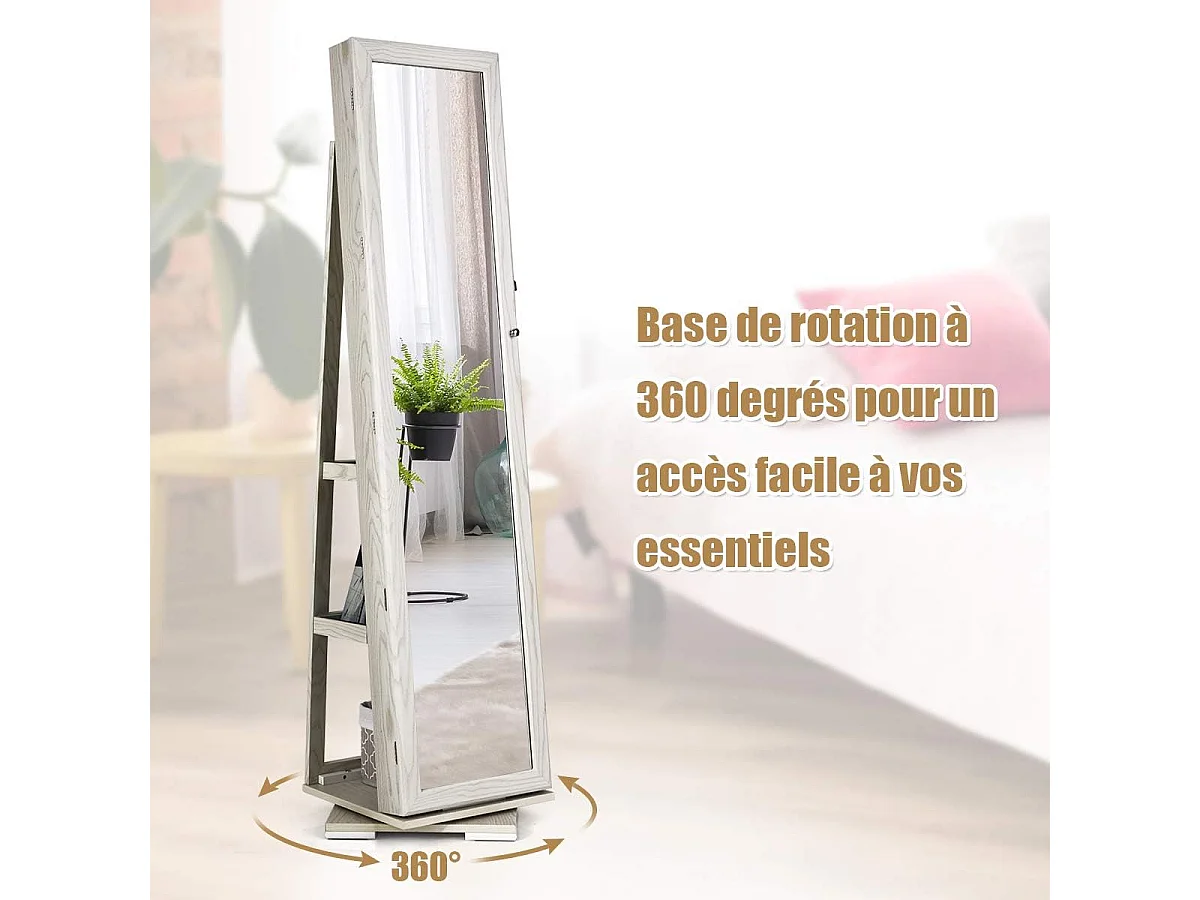 Armoire à Bijoux Pivotante à 360 Degrés, Organisateur de Bijoux sur Pieds, avec Grand Miroir Psyché et Etagère de Rangement à L’Arrière (Blanc)